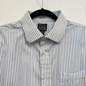 Jos A Bank Travelers Collection 17 36 White Blue Stripe Cotton Dress Shirt Mens